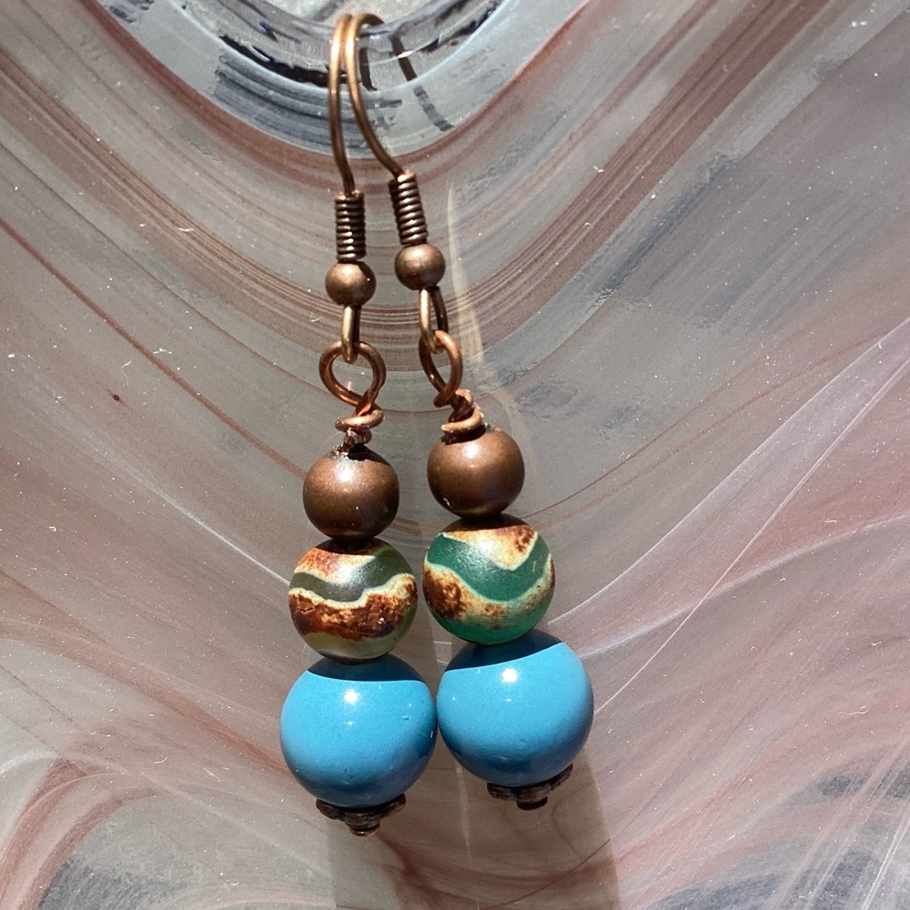 Blue and copper beaded earrings